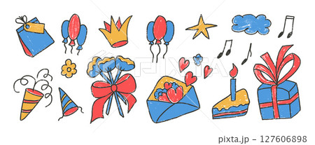 Happy birthday party crayon drawn set. Celebration Bday colorful doodle isolated on white background. Gift, confetti, cake with balloons for festive. Vector scribbles elements illustration by pencil 127606898