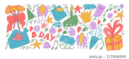 Happy birthday party crayon drawn set. Celebration Bday colorful doodle isolated on white background. Gift, confetti and cakes with balloons for festive. Vector kids scribbles elements by pencil Happy birthday party crayon drawn set. Celebration Bday colorful doodle isolated on white background. Gift, confetti and cakes with balloons for festive. Vector kids scribbles elements by pencil 127606899