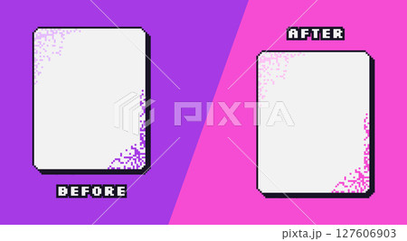 Before and after pixel game template. Rectangle frames for photo comparison. Competition layout borders with vibrant y2k style decoration. Empty vs challenge. Vector background illustration 127606903