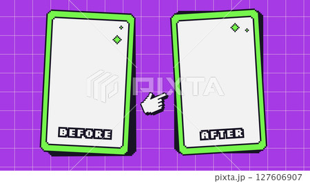 Before and after y2k pixel template. Retro 8 bit frames for photo comparison. Competition 90s layout borders with game decoration. Empty vs challenge concept. Vector background illustration Before and after y2k pixel template. Retro 8 bit frames for photo comparison. Competition 90s layout borders with game decoration. Empty vs challenge concept. Vector background illustration 127606907