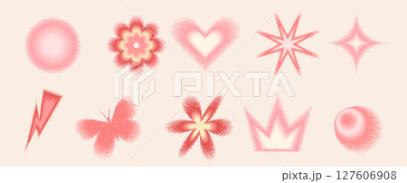 Blur coquette geometric shape with grain noise gradient set. Y2k retro heart, star and circle with flower. Colorful gradation butterfly, crown on beige background. Vector illustration 127606908