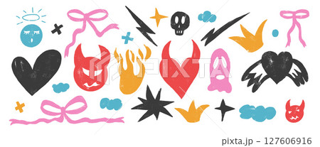 Quirky chalk doodles set. Devil and angels wax crayon background. Scribble love grunge elements. Hearts, bows, clouds and sketch shapes. Vector naive illustration by charcoal isolated on white bg 127606916