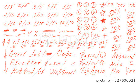 Exam grade marks crayon doodle set. School test results different hand drawn sings. Teacher scores of student homework. Vector handwritten scribble marker academic symbols on white background 127606921