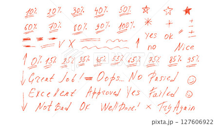 Exam grade percentage marks crayon drawing set. School test results freehand sings. Teacher percent scores for student homework. Vector handwritten scribble qualification rating symbols isolated 127606922