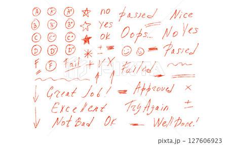 Exam letters grade marks wax crayon style set. School test results hand drawn sings. Teacher scores for homework. Vector handwritten qualification rating and correction symbols isolated on white 127606923