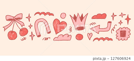 Crown, cherry, heart and geometric forms coquette elements. Crayon red and pink shapes set. Naive retro doodle figures on beige background. Vector girly style illustration by pencil Crown, cherry, heart and geometric forms coquette elements. Crayon red and pink shapes set. Naive retro doodle figures on beige background. Vector girly style illustration by pencil 127606924