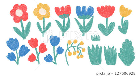 Flowers crayon drawn set. Naive floral doodle isolated on white background. Daisy, poppy, grass, leaves sketch elements. Vector childish style illustration by pencil 127606929