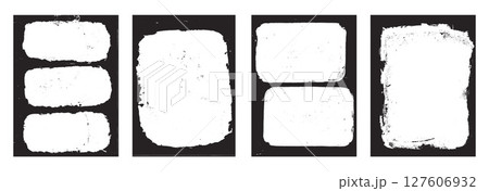 Grunge frames set templates. Ink paint border with rough edges for poster and banner. Retro textured overlays. Rectangular old black abstract flyer backgrounds. Vector design illustration 127606932