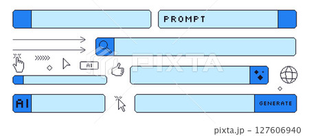 Generate prompt bar pixel art set. 8bit ai chat bot elements collection. Retro internet shapes. Click cursor and buttons windows. Vector illustration isolated on white background 127606940