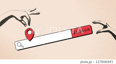 Travel collage with photocopy hands with pixel art tourism elements. Human arms palms holding location map pin and search bar. Vector journey bitmap scrapbook and 8bit mixed media illustration 127606945