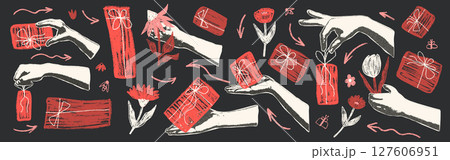 Photocopy hands holding crayon gifts boxes and flowers collage. Summer holiday sale bitmap, doodle elements. Cutout hand receiving chalk gift with bee and butterfly. Vector scrapbook illustration 127606951