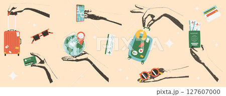 Travel collage with photocopy hand and flat tourism elements. Human arms palm holding suitcase, location map pin, globe, tickets. Luggage, sunglasses. Vector journey collection illustration isolated 127607000