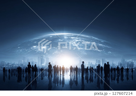 Global Gathering of People Against a Cosmic Landscape and Modern City Background. 127607214
