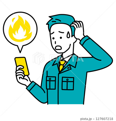 スマートフォンでSNSが炎上して困っている作業員の男性 127607218