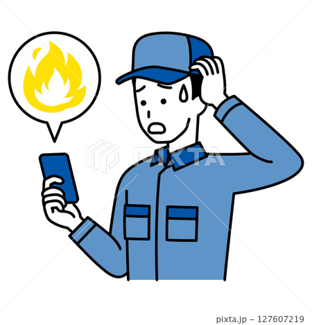 スマートフォンでSNSが炎上して困っているつなぎ作業服の男性 127607219