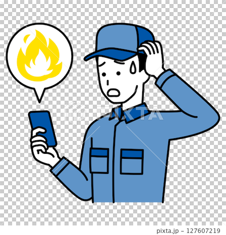 A man in overalls is troubled by a social media firestorm on his smartphone A man in overalls is troubled by a social media firestorm on his smartphone 127607219
