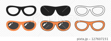 Vector Glasses Icon Set. Cutout Silhouette, Outline Icon, Flat Color Design, Frames, Black Glass Styles. Eyeglasses, Sunglasses, Modern Glasses Frames. Design Template for Optics, Fashion Branding 127607231