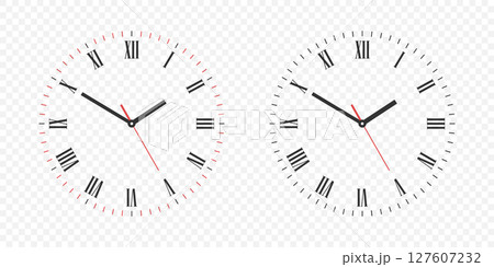 Vector Clock Face Set with Roman Numerals. Vector Clock Face Illustration with Hour, Minute and Second Hands. Isolated Classic Clock Face Design for Time Concept, Education, Decor and Watch Mockup Vector Clock Face Set with Roman Numerals. Vector Clock Face Illustration with Hour, Minute and Second Hands. Isolated Classic Clock Face Design for Time Concept, Education, Decor and Watch Mockup 127607232