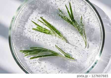 The texture of cosmetic serum in a petri dish and a sprig of rosemary. 127607665