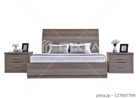 A wooden bed with a white pillow and a white comforter 127607700