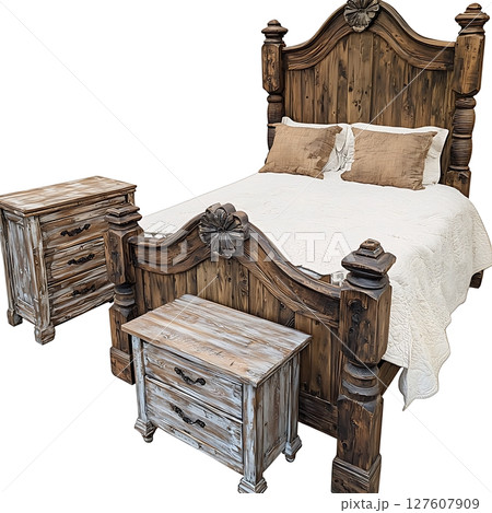 A wooden bed with a white comforter and pillows 127607909
