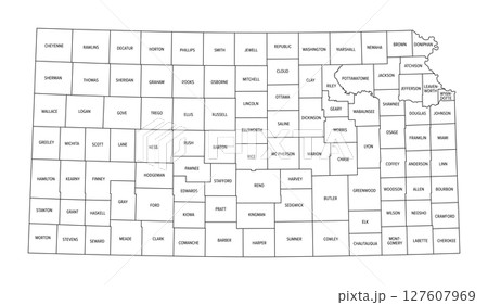 State of Kansas, subdivided into 105 counties, political map with borders and county names. State in the Midwestern region of the United States, nicknamed The Sunflower State, and The Wheat State. State of Kansas, subdivided into 105 counties, political map with borders and county names. State in the Midwestern region of the United States, nicknamed The Sunflower State, and The Wheat State. 127607969