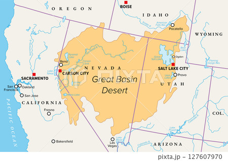 Great Basin Desert, in western United States, political map. Temperate desert with hot, dry summers and snowy winters, spanning large portions of Nevada and Utah, extending into California and Idaho. 127607970