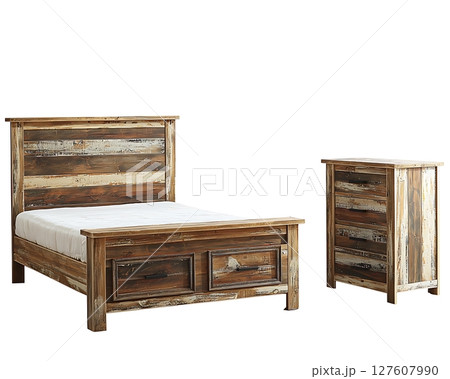 A wooden bed and nightstand set with a white mattress 127607990