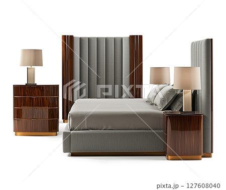 A bed with a wooden headboard and a grey bedspread 127608040