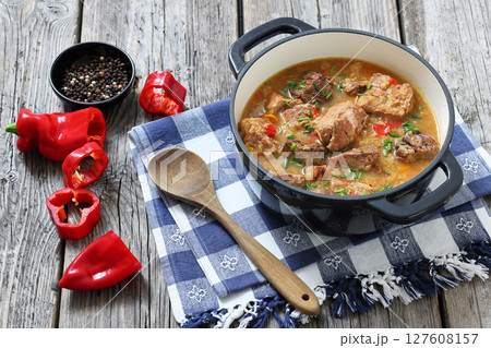 braised meat stew of beef and pork, top view 127608157
