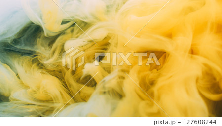 Fume blend. Haze flow. Bright yellow white swirl color stream. Paint mixing art splash defocused abstract background floating wave. 127608244