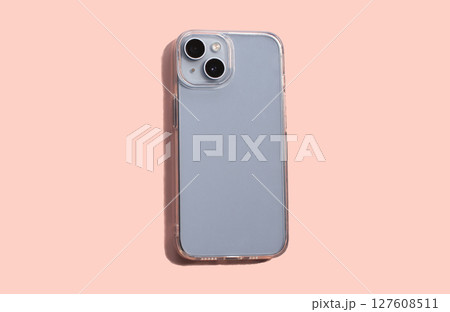 Transparent phone case on smartphone. Modern protection device on minimal background. Copy space. Isolated. 127608511