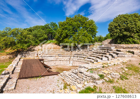 Odeon of Troy IX in Canakkale Turkey with semicircular Roman seating and wooden stage Odeon of Troy IX in Canakkale Turkey with semicircular Roman seating and wooden stage 127608613