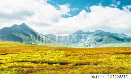 A panoramic view of Strickeen Mountain in Ireland. Lush green and brown vegetation covers the foreground. A partly cloudy sky is above the mountain range. A panoramic view of Strickeen Mountain in Ireland. Lush green and brown vegetation covers the foreground. A partly cloudy sky is above the mountain range. 127608815