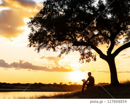 Silhouette of a person reading 127608854