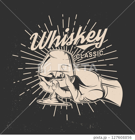 Classic Whiskey badge, label, shirt retro design. Vector illustration. Hand holding glass whiskey with ice. For logo design, patches, stickers Classic Whiskey badge, label, shirt retro design. Vector illustration. Hand holding glass whiskey with ice. For logo design, patches, stickers 127608856