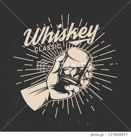 Classic Whiskey badge, label, shirt retro design. Vector illustration. Hand holding glass whiskey with ice. For logo design, patches, stickers 127608857