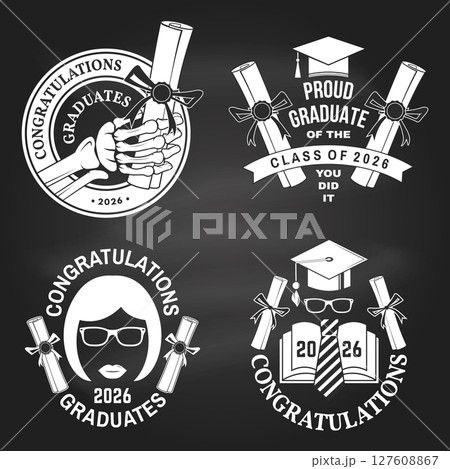 Set of posters and banners for class of 2026 graduation on the chalkboard. Vector. Congratulations graduates banner sticker card with academic hat for high school or college graduation Set of posters and banners for class of 2026 graduation on the chalkboard. Vector. Congratulations graduates banner sticker card with academic hat for high school or college graduation 127608867