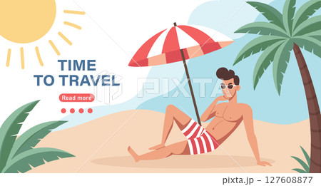 Time to travel landing page template. Young man sunbathing on the beach under an umbrella. Summer time, vacation concept. 127608877