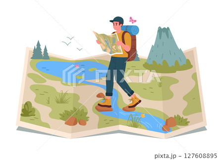 Man hiking on map. Male tourist walking on wild nature terrain map, hiking route and destination flat vector illustration. Cartoon backpacker trekking on map 127608895