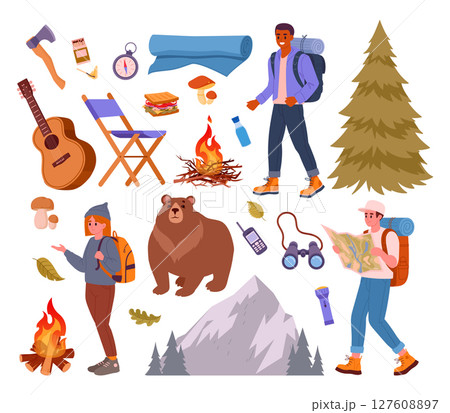 Outdoor camping supplies. Hiking, backpacking people and tourists tools, tent, bonfire and axe flat vector illustration set. Camping equipment and characters on white 127608897