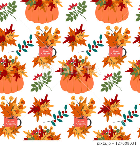HandDrawn Pumpkin and Cup with Colorful Autumn Leaves Composition Seamless Pattern Autumnal Backdrop HandDrawn Pumpkin and Cup with Colorful Autumn Leaves Composition Seamless Pattern Autumnal Backdrop 127609031