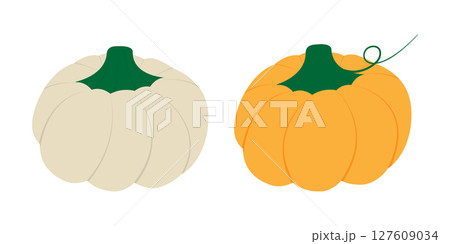 Hand Drawn White and Orange Pumpkins Traditional Autumn Holidays and Seasonal Fruit Sticker Icon Set 127609034
