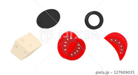Hand drawn Olives Cheese and Tomatoes Sliced Colorful Salad Ingredients on Transparent Backdrop Set 127609035