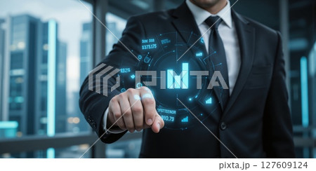 Next-Gen Stock Trading A businessman swipes on a holographic trading interface, executing a stock market transaction in real time. 127609124