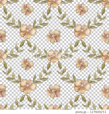 Pattern motifs of autumn watercolor flowers and green branches leaves. Illustration hand drawn. Seamless print on an isolated background for design of textiles, fabrics, wallpapers, packaging, clothes Pattern motifs of autumn watercolor flowers and green branches leaves. Illustration hand drawn. Seamless print on an isolated background for design of textiles, fabrics, wallpapers, packaging, clothes 127609251