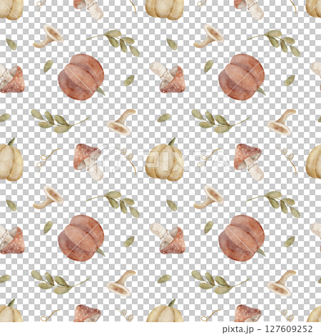 Pattern of watercolor pumpkins, mushrooms, branches leaves. Autumn harvest illustration drawn by hand. Seamless print on isolated background for design textiles, fabrics, wallpapers, packaging clothes Pattern of watercolor pumpkins, mushrooms, branches leaves. Autumn harvest illustration drawn by hand. Seamless print on isolated background for design textiles, fabrics, wallpapers, packaging clothes 127609252