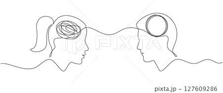 Woman head with a tangled mind and a man's head with an unraveling thread of thoughts, one continuous editable line. Vector concept of chaos and problems in relationships and marriage, mental health Woman head with a tangled mind and a man's head with an unraveling thread of thoughts, one continuous editable line. Vector concept of chaos and problems in relationships and marriage, mental health 127609286
