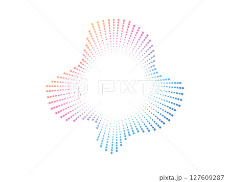 Circular audio wave color pattern created with dots. The vector design represents neon sound waves and music visualization in a minimalist style. 127609287