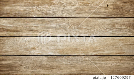 Clean surface of light oak colored wooden planks, horizontal lines, subtle shadows and large empty space 127609297